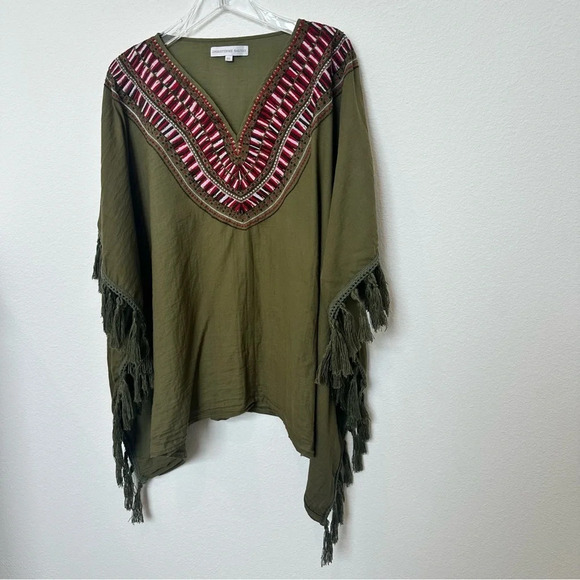 Christophe Sauvat Annie Embroidered Green Poncho With Fringe OS - Picture 3 of 7